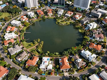 Drone shot of Kalomai Park urbanization, large lagoons, paved avenues, luxury homes surrounded by tropical nature.