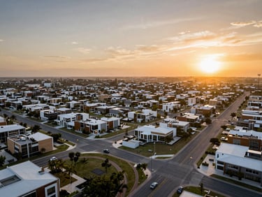 Master-planned community landscape of Nueva Santa Cruz, wide avenues, modern infrastructure planning, sunset.