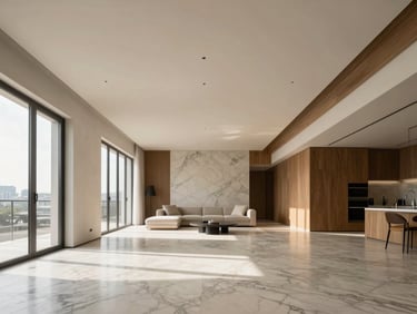Modern luxury apartment interior in Equipetrol, high ceilings, marble floors, warm minimalist styling, bright natural light.