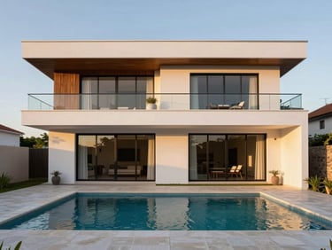 Contemporary family villa facade in Urubó, private pool, clean architectural lines, sunset lighting.