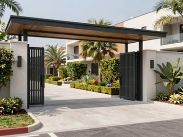 Entrance portal of La Joya urbanization, modern design, clean security gates, landscaped gardens, bright daylight.