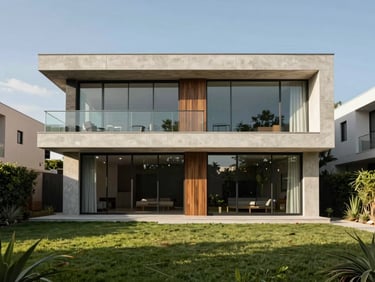 Modern luxury villa facade in La Joya community, Santa Cruz, sun-drenched concrete and glass architecture, manicured lawn