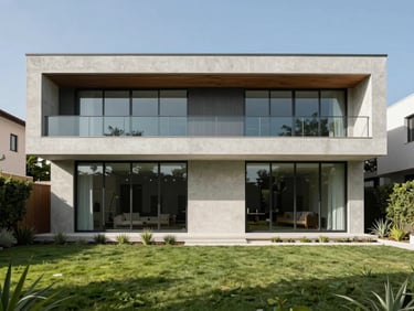 Modern luxury villa facade in La Joya urbanization, bright natural daylight, clean concrete lines, large glass windows, green manicured lawn.