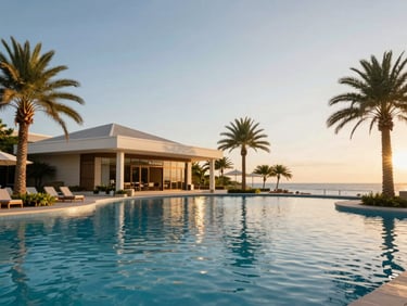 Stunning lagoon pool and modern clubhouse architecture at Kalomai Park, warm golden hour lighting, palm trees