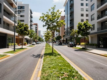 Wide boulevard in Nueva Santa Cruz smart city, clean modern asphalt, green central meridian with young trees, contemporary apartment buildings in the background under bright sun.