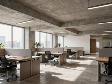 Modern minimalist corporate office interior in Santa Cruz, bright natural daylight, concrete accents, spacious layout with private meeting rooms