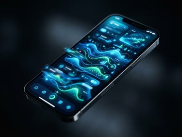 Dynamic angled shot of a high-fidelity mobile device mockup displaying a fluid, layered UI with electric-blue and neon-green accents, glowing against a dark, low-key ambient studio background. Focus on pixel-perfect interface details and digital motion, 50mm lens.