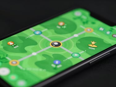 Close-up of a mobile device screen displaying a complex strategy game interface, glowing neon green, in a dark setting, sleek tech photography, sharp focus.