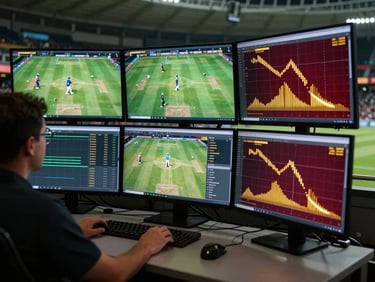 An analyst's workstation in a dimly lit stadium suite, multiple screens displaying glowing cricket pitch maps, heatmaps, and trajectory charts in gold and deep red.