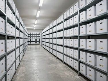 Spotless, brightly lit commercial storage corridor with clean concrete floors, uniform professional archive boxes stacked neatly on steel shelving, crisp white LED lighting, wide-angle perspective