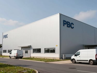 Modern clean exterior of PBC storage facility in Albigny-sur-Saône, wide driveway with an utility van parked, bright daylight, clear architectural lines