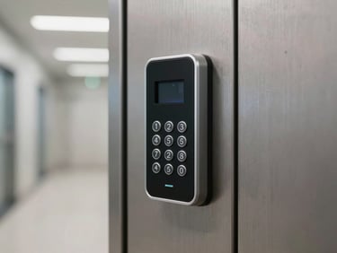 Close-up architectural shot of a high-tech digital access keypad on a secure metallic door, immaculate clean corridor, neutral daylight industrial LED lighting
