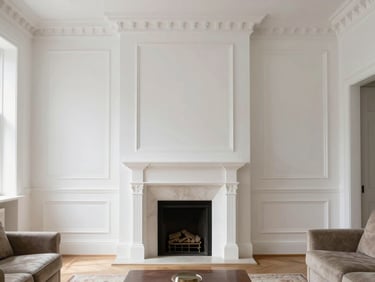 Straight-on structured architectural shot of a newly decorated Georgian living room flooded with natural light, showcasing immaculate white walls and flawless moulding details.