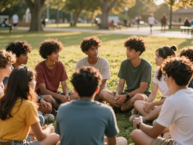 A collaborative circle of diverse youth sitting outdoors in a park, talking and gesturing warmly, soft golden-hour sunlight