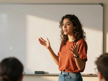 A young woman leading a workshop in front of a whiteboard, gesturing enthusiastically, warm natural light, rich vibrant tones