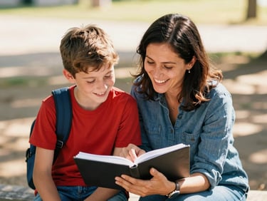 A mentor and a young teenager laughing together over a shared notebook outdoors, bright open shade, warm natural tones, shallow depth of field