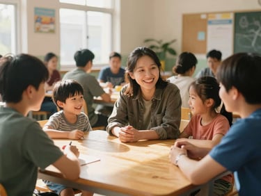 A family and a community leader smiling together around a wooden table in a brightly lit community center