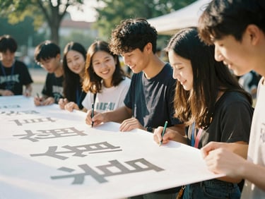 A group of young people working together on a large banner outdoors, smiling and focused, bright open shade, 35mm film style