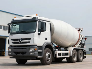 Front-angle view of a specialized concrete mixer heavy truck parked in a yard, daylight, full vehicle visible including drum, clean industrial background, no people
