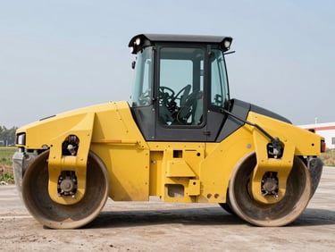 Side view of a road roller compactor on flat ground, bright natural daylight, full drum and cab visible, yellow and gray industrial paint scheme, no operator