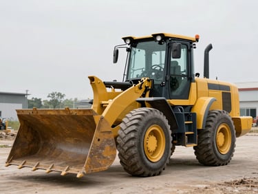 Front three-quarter view of a wheel loader on an open yard, overcast daylight, full machine with raised bucket visible, painted in standard yellow, no operator