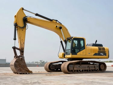 Side profile of a hydraulic excavator on a flat concrete surface, bright daylight, full machine visible with boom extended and bucket resting on ground, no operator
