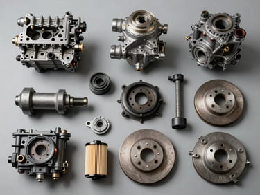 Flat-lay overhead shot of assorted heavy truck spare parts — engine components, brake assemblies, filters — arranged on a clean gray workshop surface under uniform studio lighting, each part clearly visible