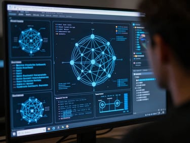 Over-the-shoulder perspective of a developer analyzing complex network architecture diagrams on a screen, 35mm