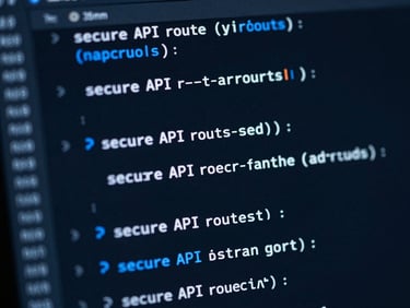Close-up of clean code editor displaying secure API routes, moody screen glow, electric blue accents, 35mm