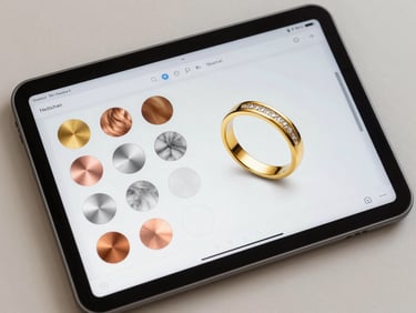 Overhead shot of a jewelry configurator screen showing a ring with material swatches — gold, silver, rose gold — arrayed beside the 3D model, soft north-facing studio light, high-key neutral background, UI detail sharp
