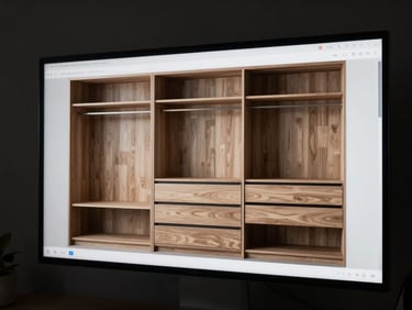 3D wardrobe configurator on screen — interior layout with drawer and shelf options visible, clean studio light, dark background, modular configuration UI in sharp detail