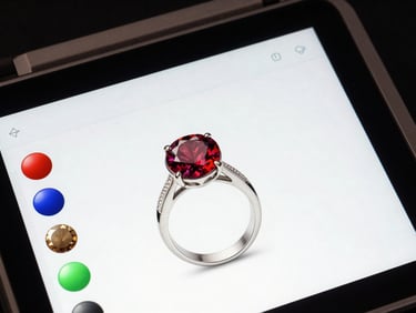 Overhead close-up of a 3D jewelry configurator on screen — a ring with gemstone color picker active, high-key white background, precise studio lighting, detail of variant UI visible