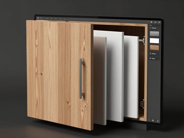 3D kitchen configurator detail on screen — cabinet door material selector open, showing wood grain and lacquer options, soft studio light, dark neutral background, UI clearly visible