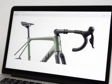 Close-up of a 3D bicycle configurator screen showing component selection — handlebar and frame color active, high-key neutral background, studio lighting, crisp UI detail visible