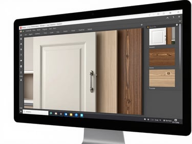 Close-up of a kitchen configurator interface on a large desktop monitor, showing cabinet door material and color selection mid-interaction, clean studio light, white background, UI controls and 3D model both visible and sharp