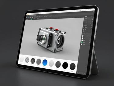 3D industrial product configurator screen showing a technical component with material and finish selector open, clean high-key studio lighting, dark neutral background, precise UI detail visible
