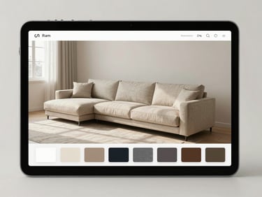 3D furniture configurator screen showing a modular sofa with fabric selector active, soft north-facing daylight, neutral studio background, clean UI visible in detail