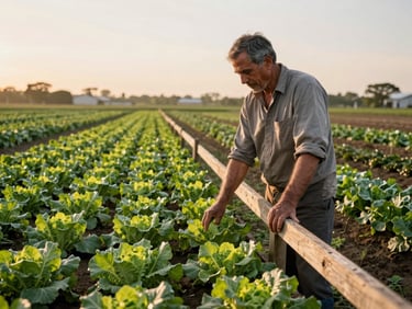 Eye-level shot of a local farmer standing beside rows of leafy greens at golden hour, hands resting on a wooden fence post, warm directional light, candid unposed moment