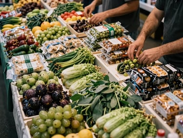 Wide overhead of a modern food market display — various produce and packaged goods arranged across a stall table, natural daylight, hands mid-arrangement, no faces visible