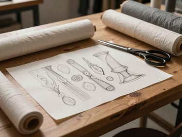 Warm diffused daylight illuminating a wooden work table in an apparel studio, hand-sketched pattern paper laid flat next to raw linen fabric rolls and tailor shears, soft shadows.
