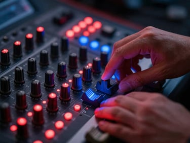 Extreme close-up of hands adjusting knobs on an audio mixing console, glowing red and blue LED indicators