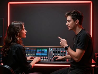 Medium shot of the host interacting with a guest behind a soundboard, warm crimson rim light, 35mm