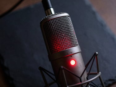 Extreme close-up of a high-end studio microphone with a red glow recording indicator, dark slate background, shallow depth of field, 35mm