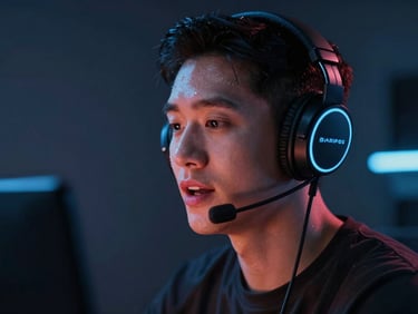Close-up of a guest wearing professional headphones, talking passionately under blue neon rim lighting, dark studio setting