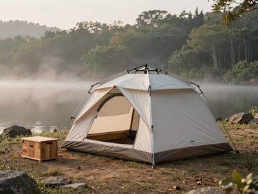 High-quality outdoor camping tent set up by a serene lake at sunrise, minimalist design, durable materials, misty morning, editorial lifestyle photography, soft diffused natural daylight, earthy forest tones, warm wood and stone textures, 35mm