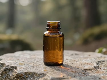 Clean amber glass supplement bottle on a raw stone surface, gentle morning light, minimalist setting, water droplets, editorial lifestyle photography, soft diffused natural daylight, earthy forest tones, warm wood and stone textures, 35mm