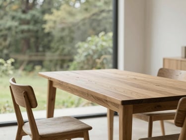 Japandi style solid oak dining table with two chairs, natural light, minimalist interior, editorial lifestyle photography, soft diffused natural daylight, earthy forest tones, warm wood and stone textures, 35mm