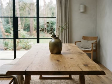 Minimalist home interior with a solid oak table, soft diffused natural daylight, a single ceramic vase on the table, warm wood grain texture, 35mm editorial lifestyle photography