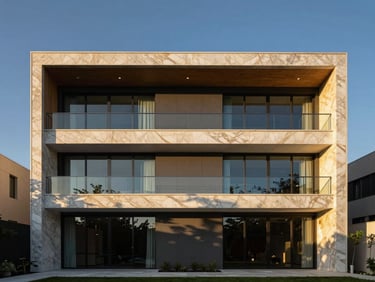 Architectural photography of a luxury modern residence in Lomas de Chapultepec, golden hour, marble and glass facade, sharp focus