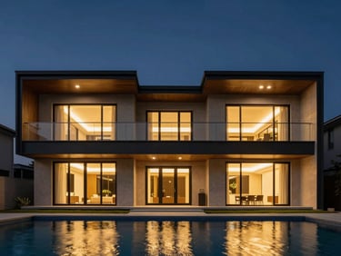 Editorial architectural photography of a modern luxury house exterior at golden hour, sharp focus, 35mm, straight vertical lines, deep navy sky, warm gold interior lights reflecting on a clean pool.